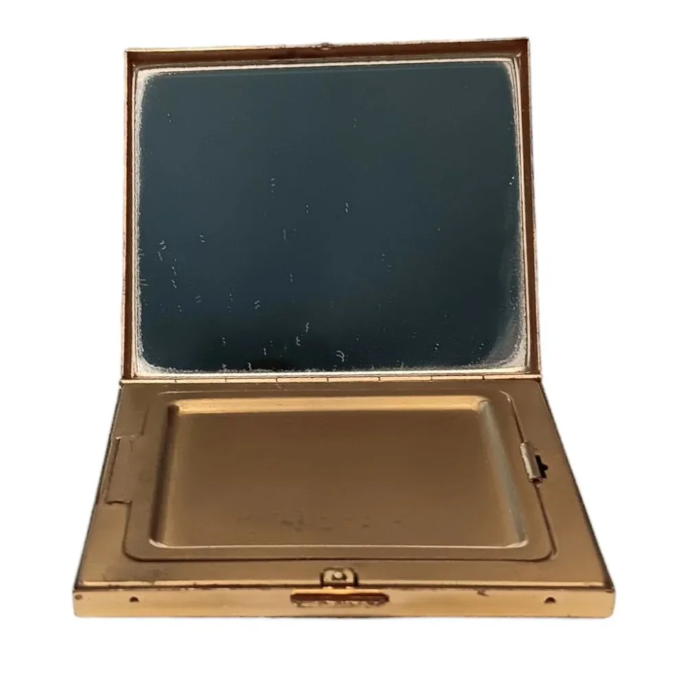 Vintage Gold Powder Compact With Mirror Wave Sea Ocean Design With Powder Puff